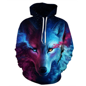 Unisex Couples Lovers 3D Sky Wolf Print Loose Hoodies Blouse Tops Shirt