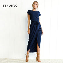 Load image into Gallery viewer, ELSVIOS 6 Colors Boho Split Long Dress Fashion Women O-Neck Maxi Dress Summer Short Sleeve Solid Dress With Belt Vestidos XS-3XL