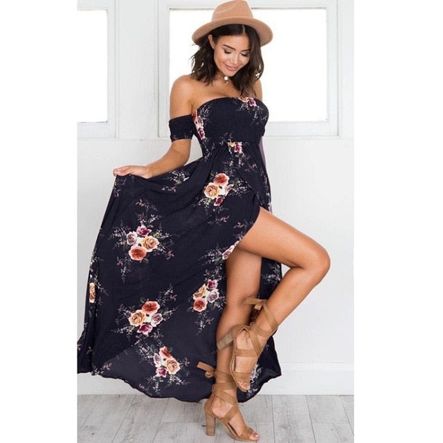 ELSVIOS Women Off Shoulder Floral Print Boho Dress Fashion Beach Summer Dresses Ladies Strapless Long Maxi Dress Vestidos XS-5XL