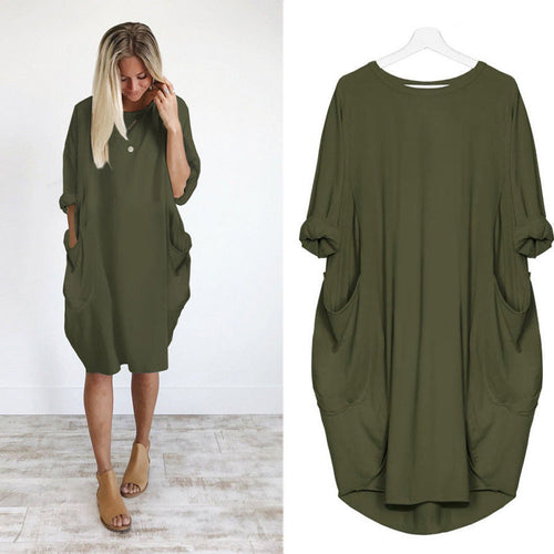 Womens Pocket Loose Dress Ladies Crew Neck Casual Long Tops Dress Plus Size