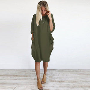 Womens Pocket Loose Dress Ladies Crew Neck Casual Long Tops Dress Plus Size