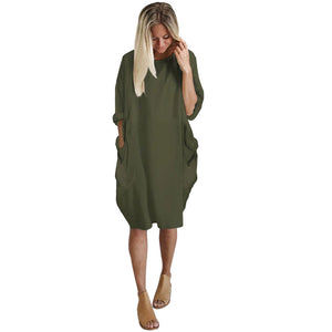 Womens Pocket Loose Dress Ladies Crew Neck Casual Long Tops Dress Plus Size