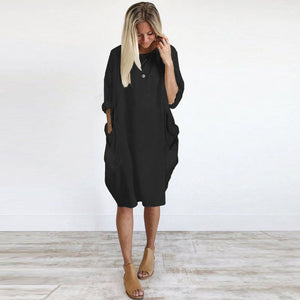 Womens Pocket Loose Dress Ladies Crew Neck Casual Long Tops Dress Plus Size