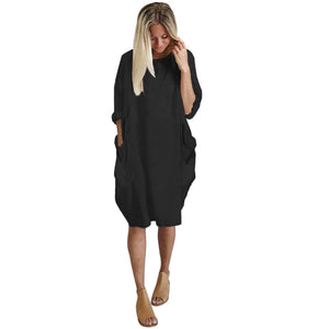 Womens Pocket Loose Dress Ladies Crew Neck Casual Long Tops Dress Plus Size