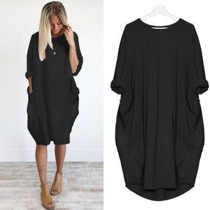 Womens Pocket Loose Dress Ladies Crew Neck Casual Long Tops Dress Plus Size