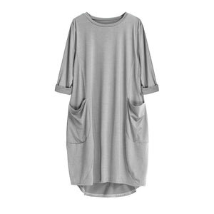 Womens Pocket Loose Dress Ladies Crew Neck Casual Long Tops Dress Plus Size