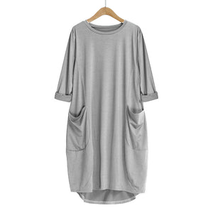 Womens Pocket Loose Dress Ladies Crew Neck Casual Long Tops Dress Plus Size