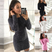 Load image into Gallery viewer, Women Winter Long Sleeve Solid Sweater Fleece Warm Basic Short Mini Dress