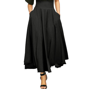 Women High Waist Pleated A Line Long Skirt Front Slit Belted Maxi Skirt