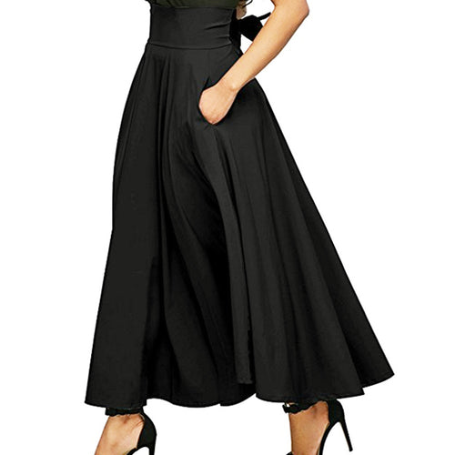 Women High Waist Pleated A Line Long Skirt Front Slit Belted Maxi Skirt