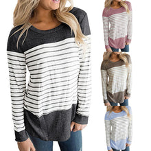 Load image into Gallery viewer, Womens Long Sleeve Round Neck T Shirts Color Block Striped Causal Blouses Tops