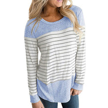 Load image into Gallery viewer, Womens Long Sleeve Round Neck T Shirts Color Block Striped Causal Blouses Tops