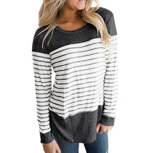 Load image into Gallery viewer, Womens Long Sleeve Round Neck T Shirts Color Block Striped Causal Blouses Tops