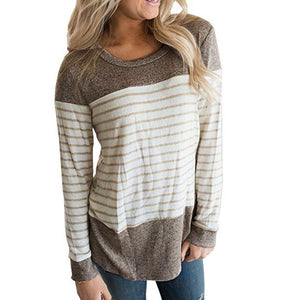 Womens Long Sleeve Round Neck T Shirts Color Block Striped Causal Blouses Tops