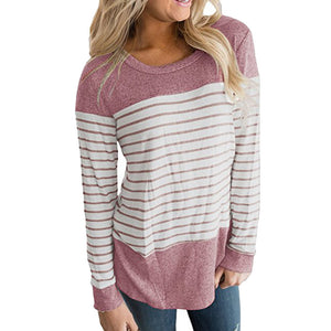 Womens Long Sleeve Round Neck T Shirts Color Block Striped Causal Blouses Tops