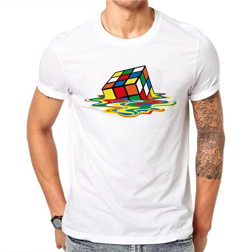 100% Cotton Simple Rubik's Cube Printed Design Men T-shirt Male Cool Tops Hipster Short Sleeve Casual Tee T Shirts