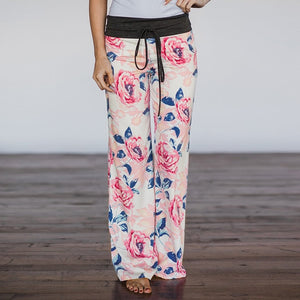 Women Loose Floral Print 2018 Wide Leg Pants Loose Mid Waist Straight Trousers Long Female Trousers Fashion Sweatpants Bottoms