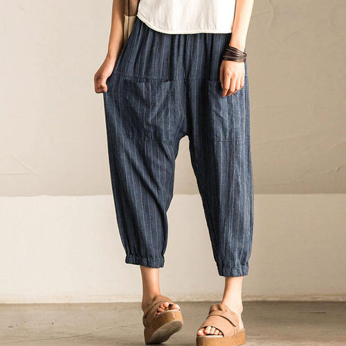 2018 ZANZEA Women Casual Vintage High Elastic Waist Pockets Striped Baggy Harem Pants Turnip Trousers Work OL Wide Leg Pantalon