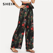 Load image into Gallery viewer, SHEIN Black Vacation Boho Bohemian Beach Floral Tropical Mixed Print Wide Leg Belted Pants Summer Women Holiday Casual Trousers