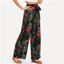 Load image into Gallery viewer, SHEIN Black Vacation Boho Bohemian Beach Floral Tropical Mixed Print Wide Leg Belted Pants Summer Women Holiday Casual Trousers