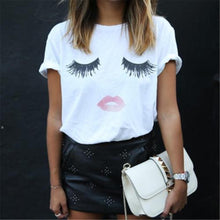 Load image into Gallery viewer, Eyelashes Red Lips Printed Women T Shirt Loose Female Summer Tee Tops Short Sleeve White Women Tshirts