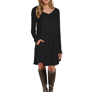 Women's Long Sleeve Pocket Casual Loose T-Shirt Dress