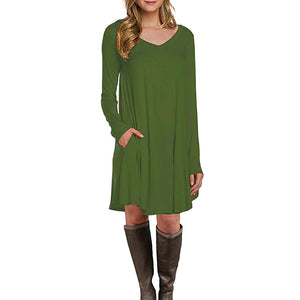 Women's Long Sleeve Pocket Casual Loose T-Shirt Dress