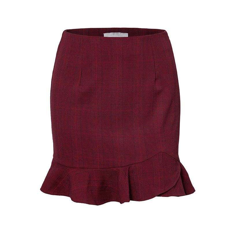 Conmoto Wine Red Plaid Vintage Women Casual Skirt Mini Autumn Winter Skirt High Waist Soft Ruffle Skirts