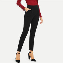 Load image into Gallery viewer, SHEIN Black Pocket Side Skinny Pants Workwear Elastic Waist Plain Trourses Women Autumn Casual  High Waist Elegant Pants