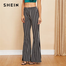 Load image into Gallery viewer, SHEIN Black And White Casual Striped Elastic Waist Flare Leg Long Pants Autumn Office Lady Workwear Women Trousers