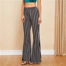 Load image into Gallery viewer, SHEIN Black And White Casual Striped Elastic Waist Flare Leg Long Pants Autumn Office Lady Workwear Women Trousers