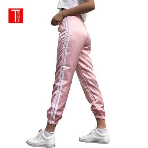 2018 Spring Summer Women Satin Leisure Pants Casual Multicolor Retro White Striped Side Closed Comfy Sweatpants Female